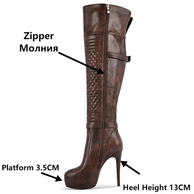 Women's Black Over-the-Knee High Heel Boots with Metal Chain