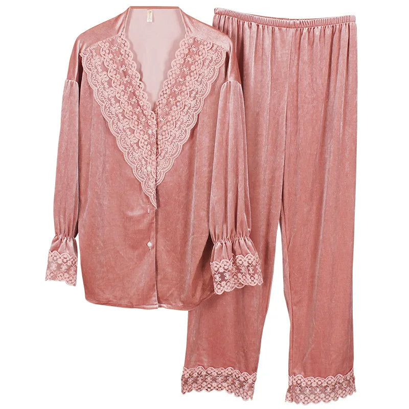 Women's Golden Velvet Pajama Set – Lightweight Long Sleeve Lace Sleepwear for Spring & Autumn