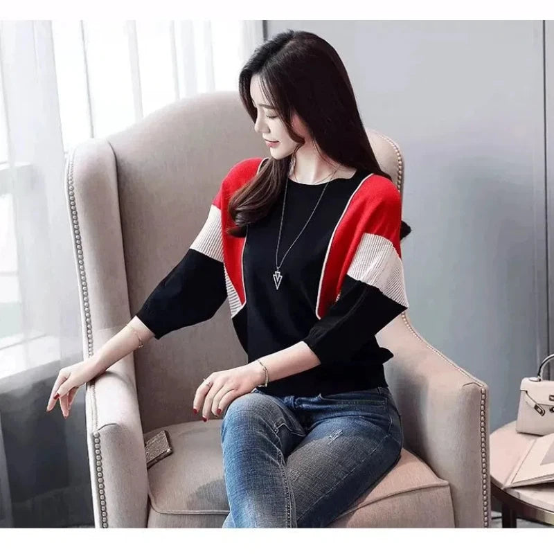 Elegant Contrast Color Patchwork Sweater – Office Lady Style, O-Neck 3/4 Sleeve Knitted Pullover for Women