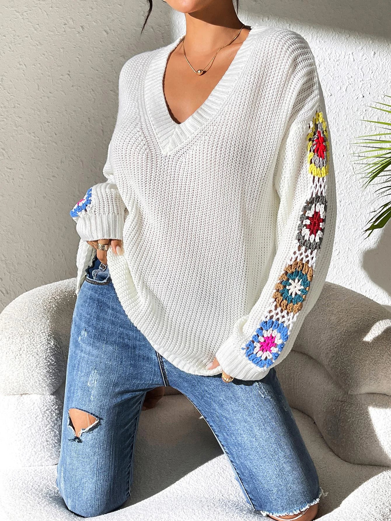 Elegant Solid Color Sweater for Women – Embroidery Design, Unique Cuff Detail, Versatile for All Occasions