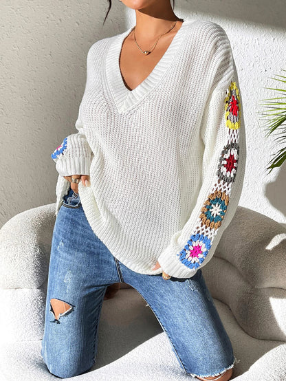 Elegant Solid Color Sweater for Women – Embroidery Design, Unique Cuff Detail, Versatile for All Occasions