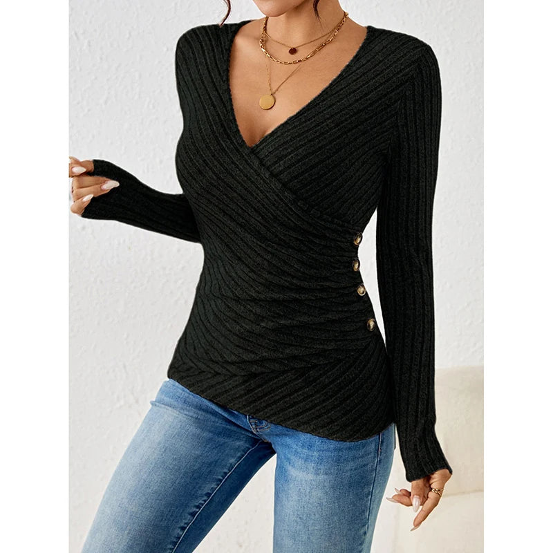 2025 New Button V-Neck Knitted Sweater for Women – Soft & Warm Autumn/Winter Pullover, Basic Fit Sweater Top