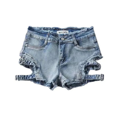 Hollow Out Leg Belt Denim Shorts