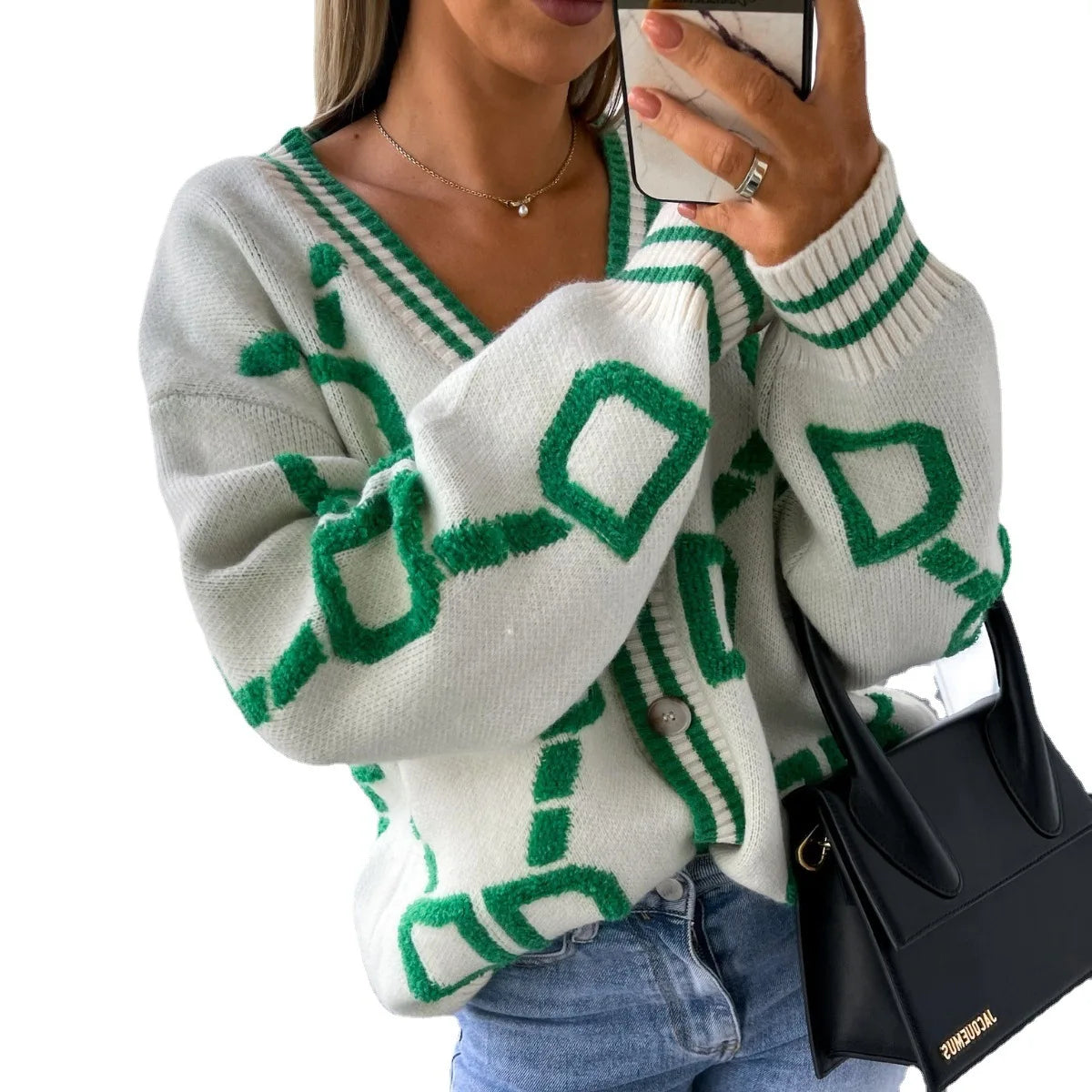 Autumn Fashion Womens Jacquard Weave Knitted Cardigan