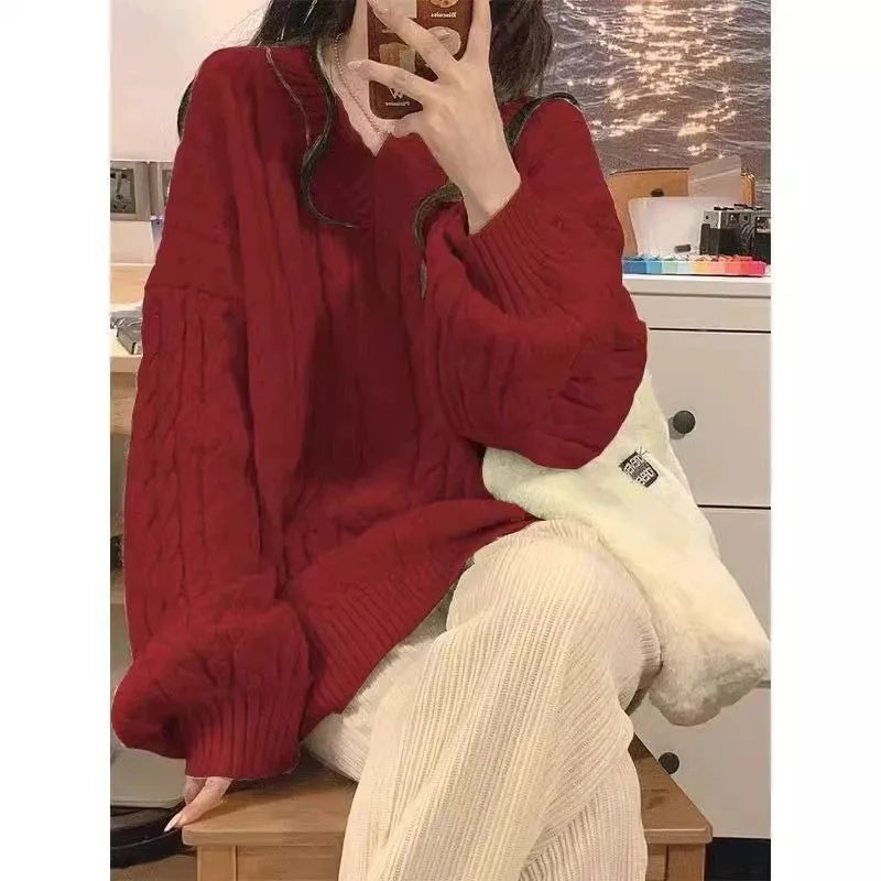 Retro V-Neck Twist Knitted Pullover Sweater for Women – Oversized Winter Fashion, Loose Thickened Casual Simple Streetwear