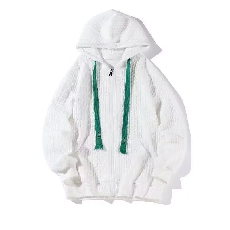 Korean Waffle Zipper Hoodie – Men’s Plaid Streetwear