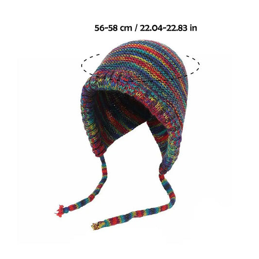 Women's Thick Knit Winter Hat – Cozy Stylish Rainbow Lace-Up Dome Cap, Windproof & Foldable