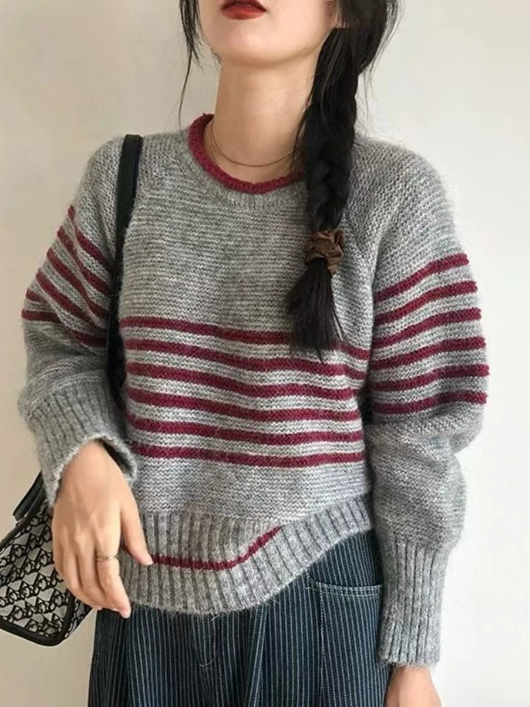 Women’s Retro Striped Knit Pullover – Casual Korean O-Neck Sweater