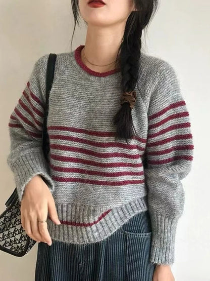 Women’s Retro Striped Knit Pullover – Casual Korean O-Neck Sweater