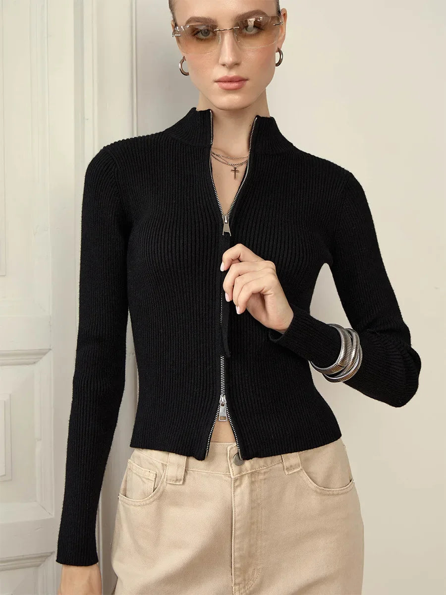 Slim-Fit Stand Collar Cardigan – Double Zipper Knit Sweater