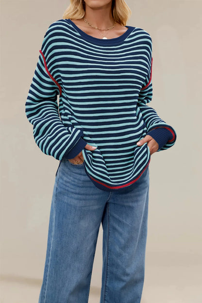 Women’s Striped Knit Pullover – Autumn Winter Round Neck Sweater