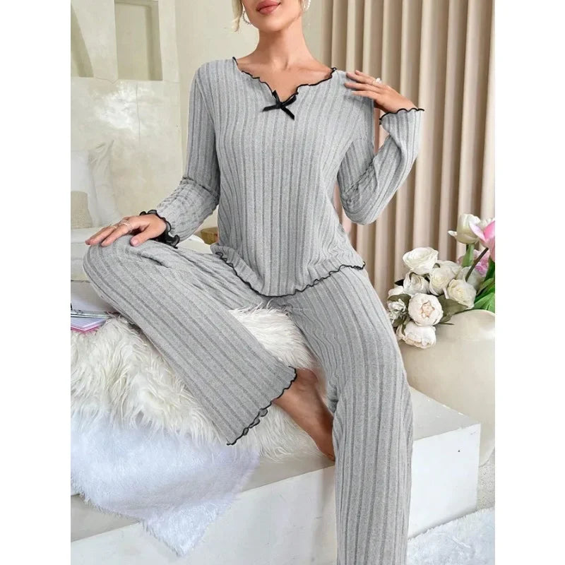 Women's Ribbed Pajama Set – Long Sleeve Top & Pants, Cozy Autumn Winter Loungewear & Sleepwear