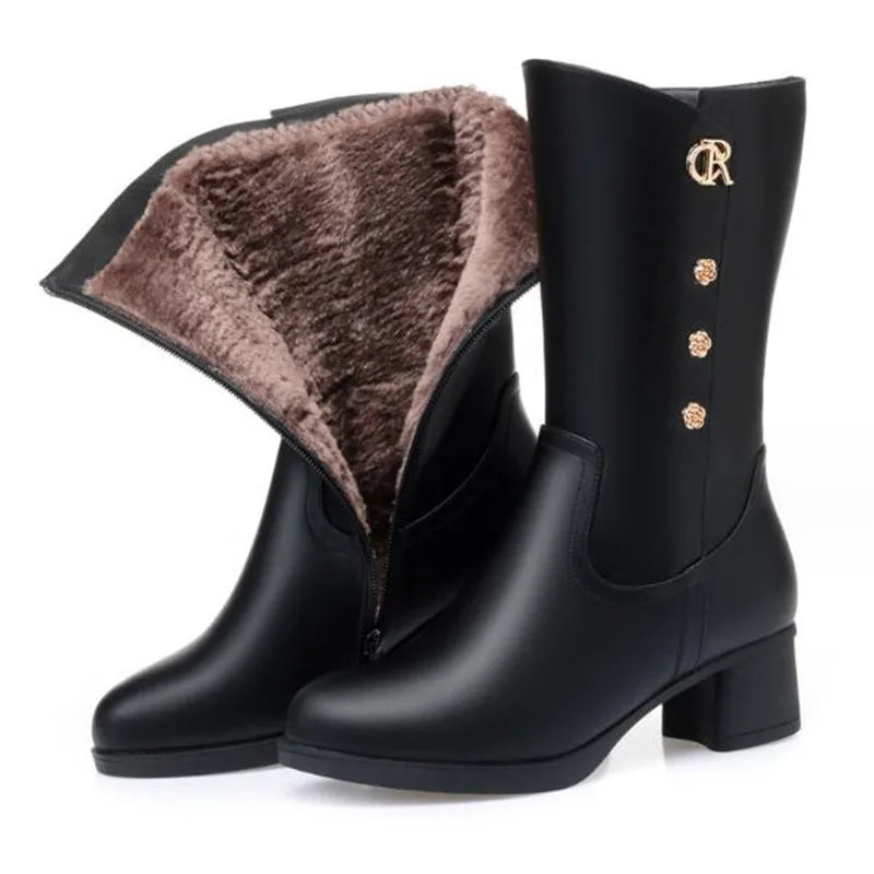 Solid Black Snow Boots for Women | Warm Ankle Winter Boots with Furry Lining & Metal Accents