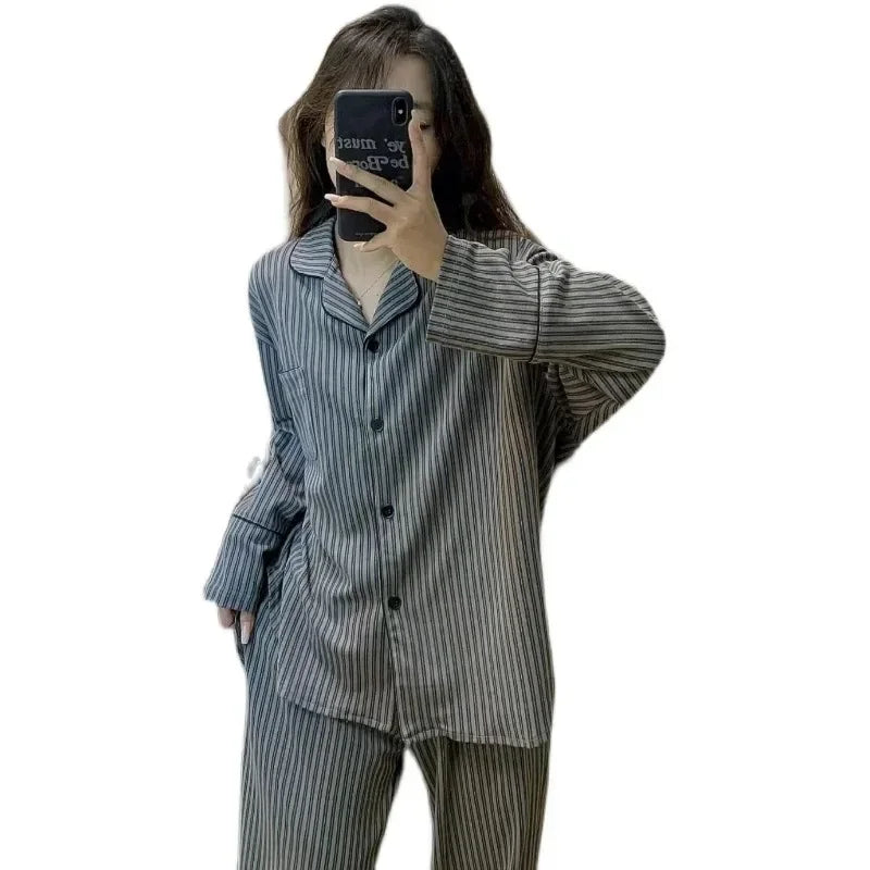 Women's Striped Pajama Set – Korean Spring Long Sleeve Sleepwear, Simple & Loose Homewear Suit 2025