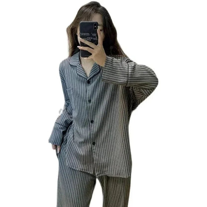 Women's Striped Pajama Set – Korean Spring Long Sleeve Sleepwear, Simple & Loose Homewear Suit 2025