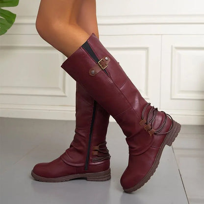 Women’s Roman Style Knee-High Boots – PU Leather Patchwork with Low Square Heel
