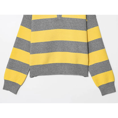 2026 Striped Knit Polo Sweater – Women’s Loose Pullover