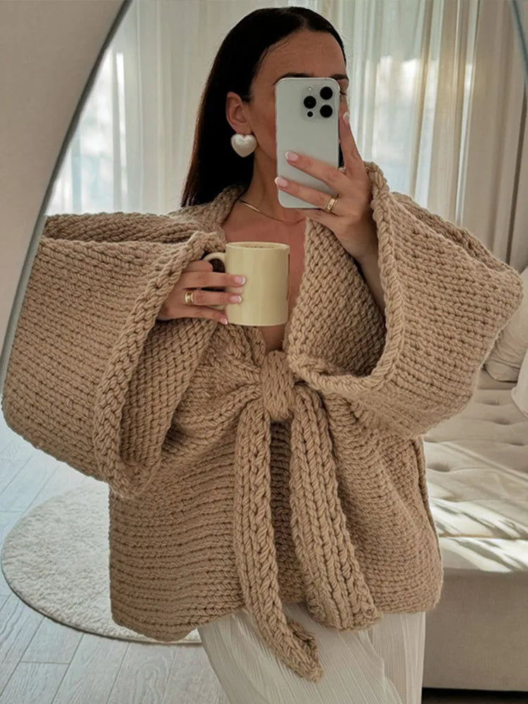 Chic Oversized Bow Knit Sweater for Women – Loose V-Neck Pullover with Flare Sleeves, Autumn/Winter Casual Lady Sweater