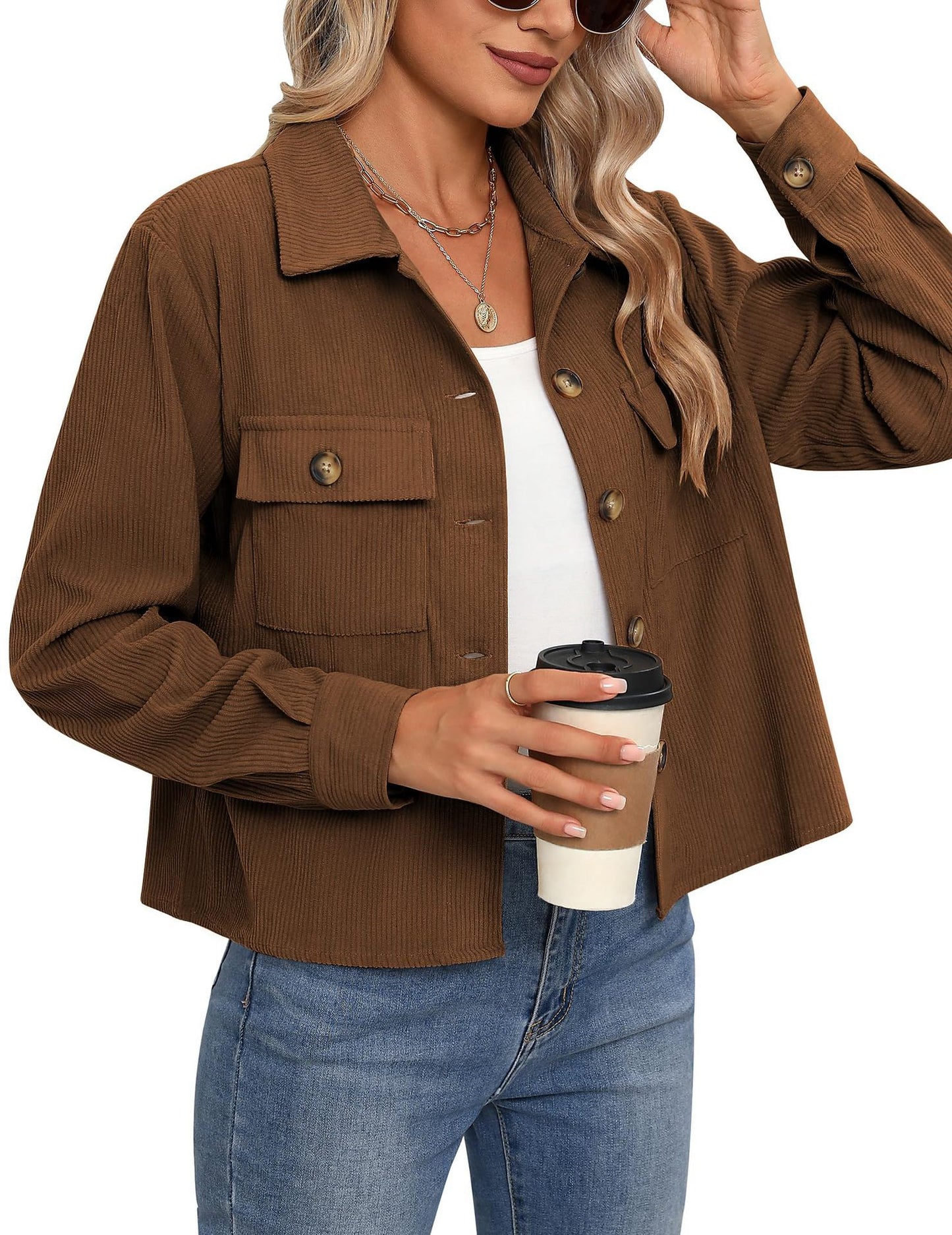 Women’s Corduroy Button Cropped Jacket – Long Sleeve Polyester Coats & Jackets 2025