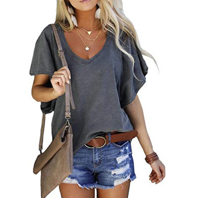 Summer V Neck Stitching Pullover T Shirt Loose Casual Solid Color Short Sleeved Top For Women Trendy Summer Style