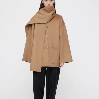 Camel Wool Scarf-Collar Coat for Women – Elegant Loose Winter Overcoat