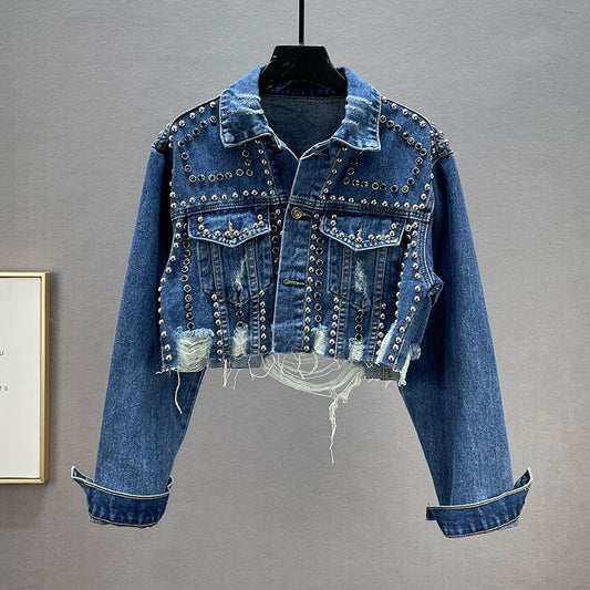 Pearl Beading Design Short Vintage Jean Denim Coats