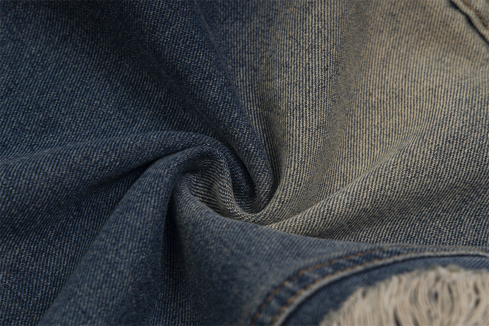 Men’s Blue Ripped Denim Trousers – Mid-Waist Relaxed Fit Jeans