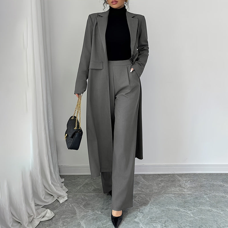 Casual Solid Blazer Suit Women High Waist Straight Pants Office Outfits