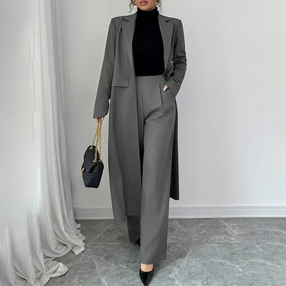 Casual Solid Blazer Suit Women High Waist Straight Pants Office Outfits
