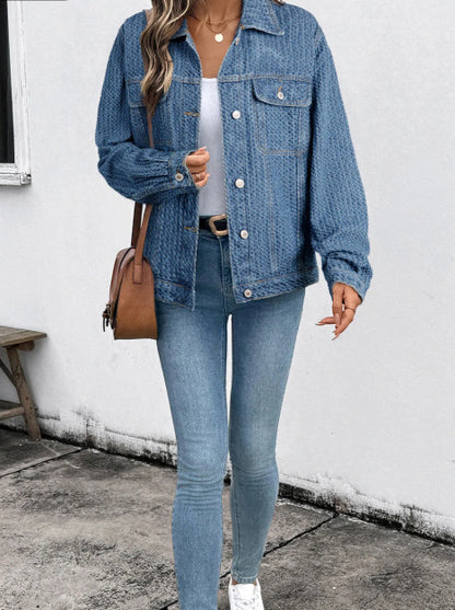 Heart Shape Pocket Retro Style Blue Denim Jacket Pant Set