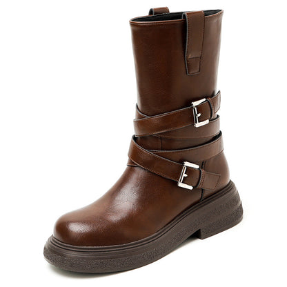 Womens Upper Belted Closure Leather Mid Calf Boots