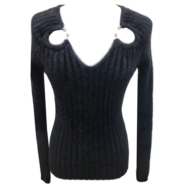 Black Fashion Knitwear V-Neck Sweaters for Women – Cozy Pullover, Stylish Winter & Fall Outfit