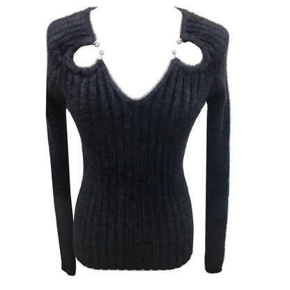 Black Fashion Knitwear V-Neck Sweaters for Women – Cozy Pullover, Stylish Winter & Fall Outfit