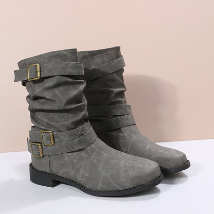 Women's Vintage Low-Heel Combat Biker Western Goth Boots | PU Fur-Lined Buckle Ankle Boots