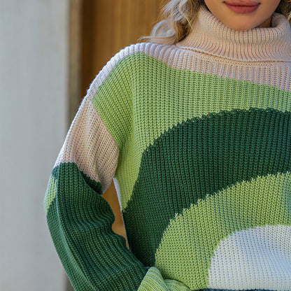 Chic Green Colorblock Turtleneck Sweater for Cozy Autumn Vacation Style