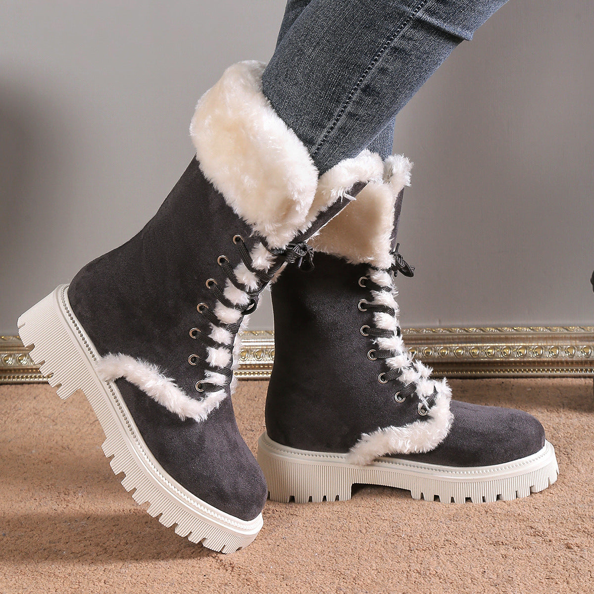 2025 Winter Plus Size Anti Skid Boots Thick Wool Warm Fashion Middle Boots Outdoor Snow Boots With Wedges For Women