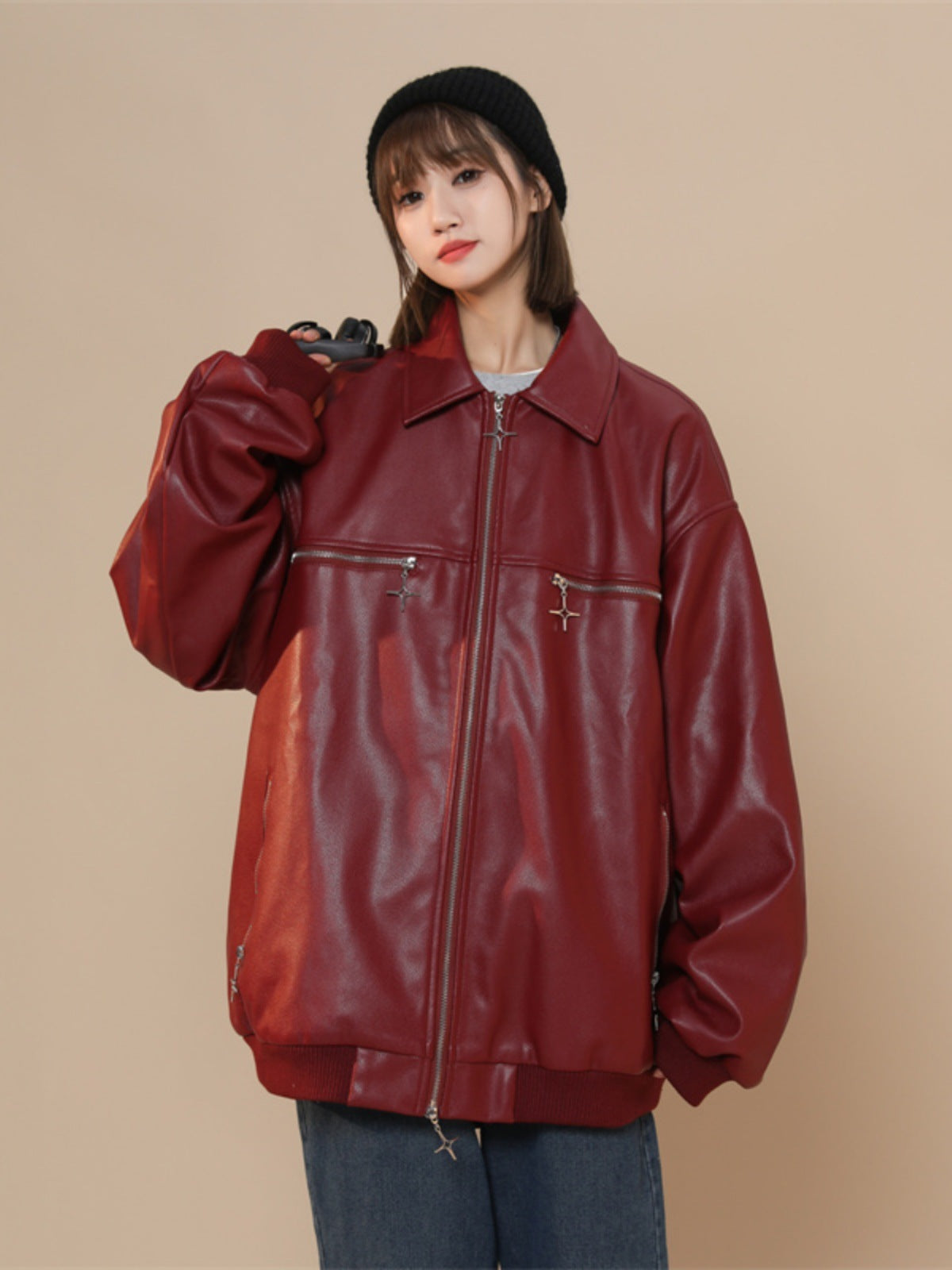 Women Turn Down Collar Gradient Leather Jackets