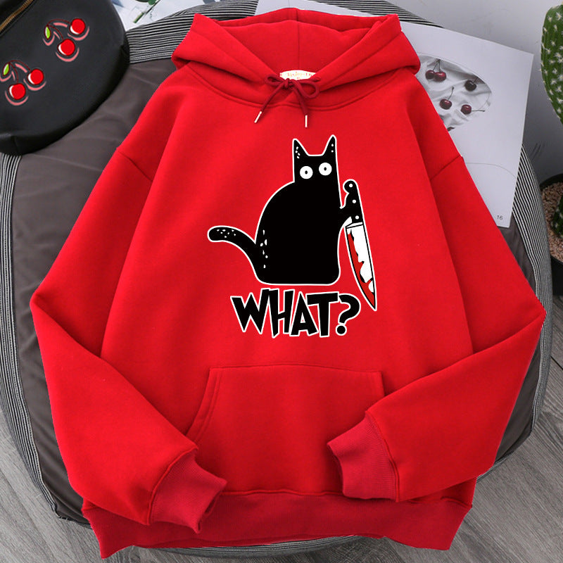 Cozy Style for Teens Killer Black Cat Patterned Wool-Lined Hoodies