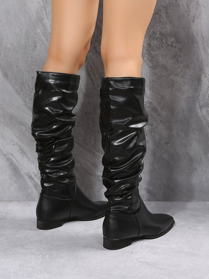 Pointed Toe Folding Tube Long Boots for Women | Chic Low Heel Winter & Fall Boots
