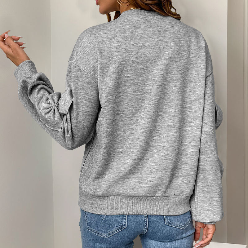 Casual Cool Bow Stitching Gray Round-Neck Cotton Sweaters for Women