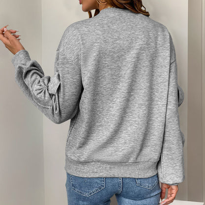 Casual Cool Bow Stitching Gray Round-Neck Cotton Sweaters for Women