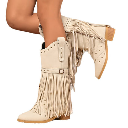 Retro Ethnic Western Cowboy Style Round Toe Block Heel Tassel Boots