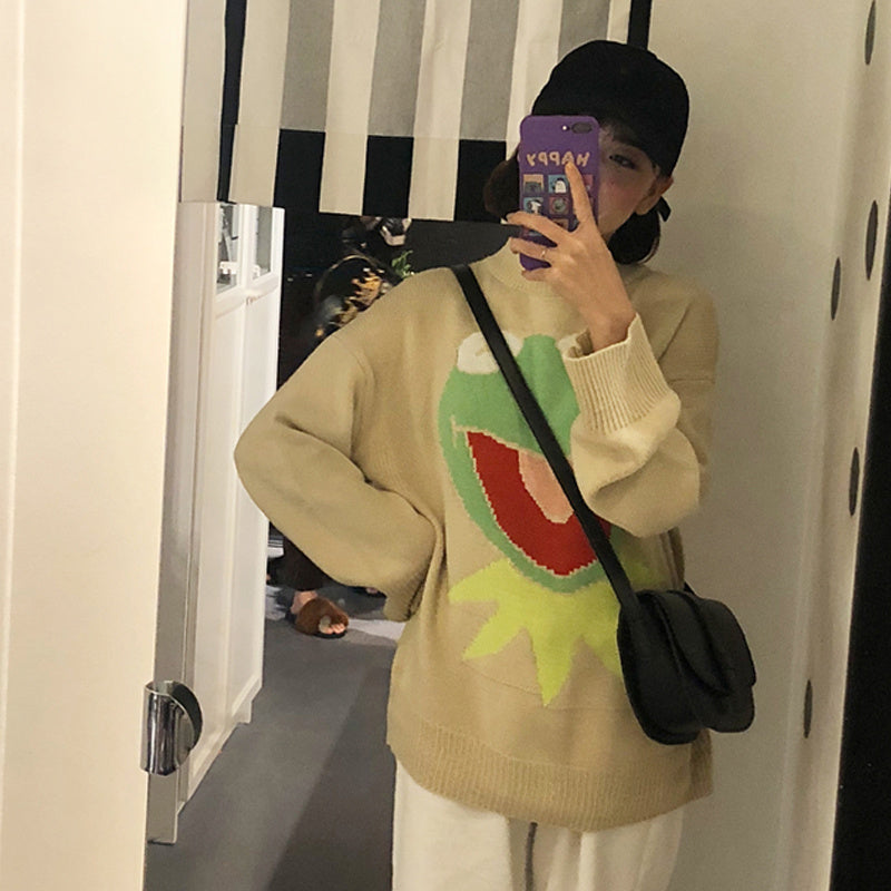 Oversized Frog Knit Crew Neck Sweater for Women – Cute Anime Pullover Aesthetic