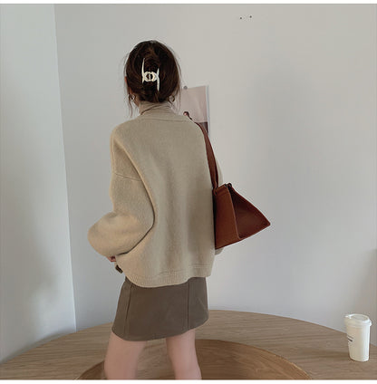 Women’s Straight Tube Knitted Cardigan – Solid Color Polyester, Chic Office & Casual Outfit