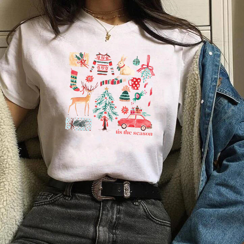 Christmas Fashion Printed Tops – Unisex Short Sleeve Holiday T-Shirts, Festive Casual Outfit