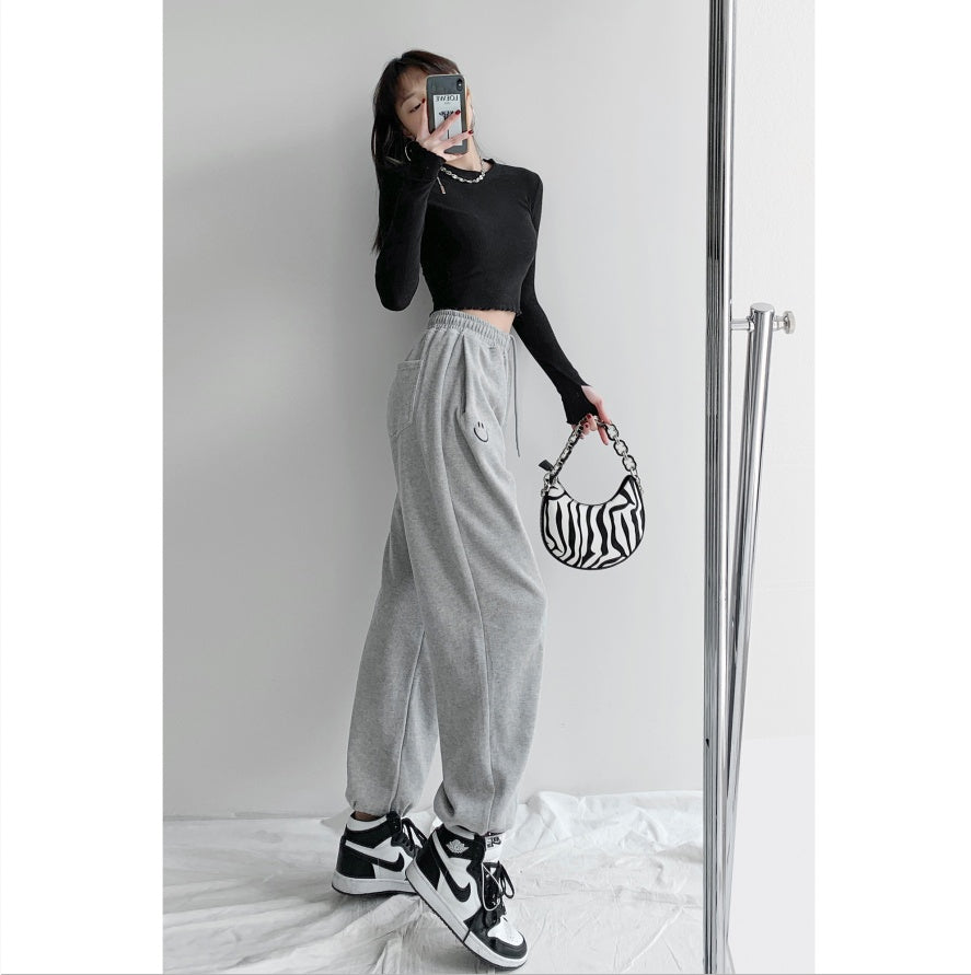 High-Waisted Cotton Streetwear Pants – Smiley Face Embroidered Casual Trousers