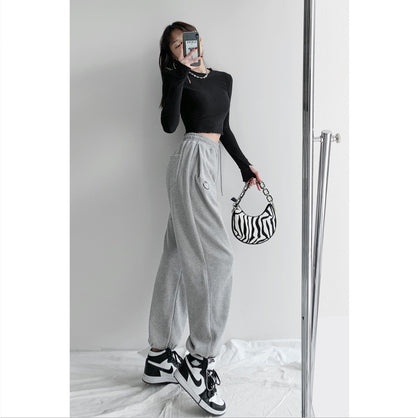 High-Waisted Cotton Streetwear Pants – Smiley Face Embroidered Casual Trousers