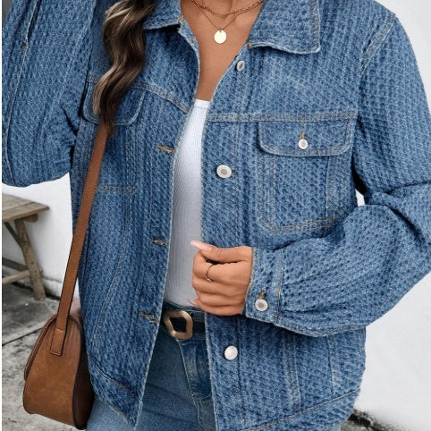 Heart Shape Pocket Retro Style Blue Denim Jacket Pant Set