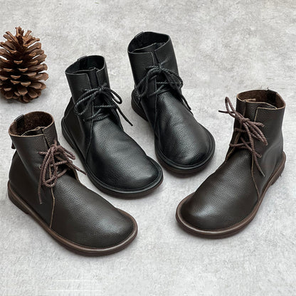 Womens Retro Carved Genuine Leather Ankle Boots British Style Round Toe Autumn Winter Shoes