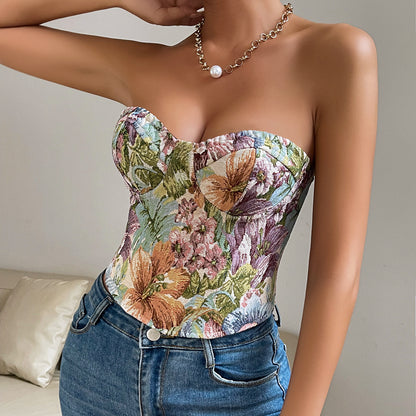 Y2K Floral Print Tube Vest Top – Retro Early 2000s Crop Outfit